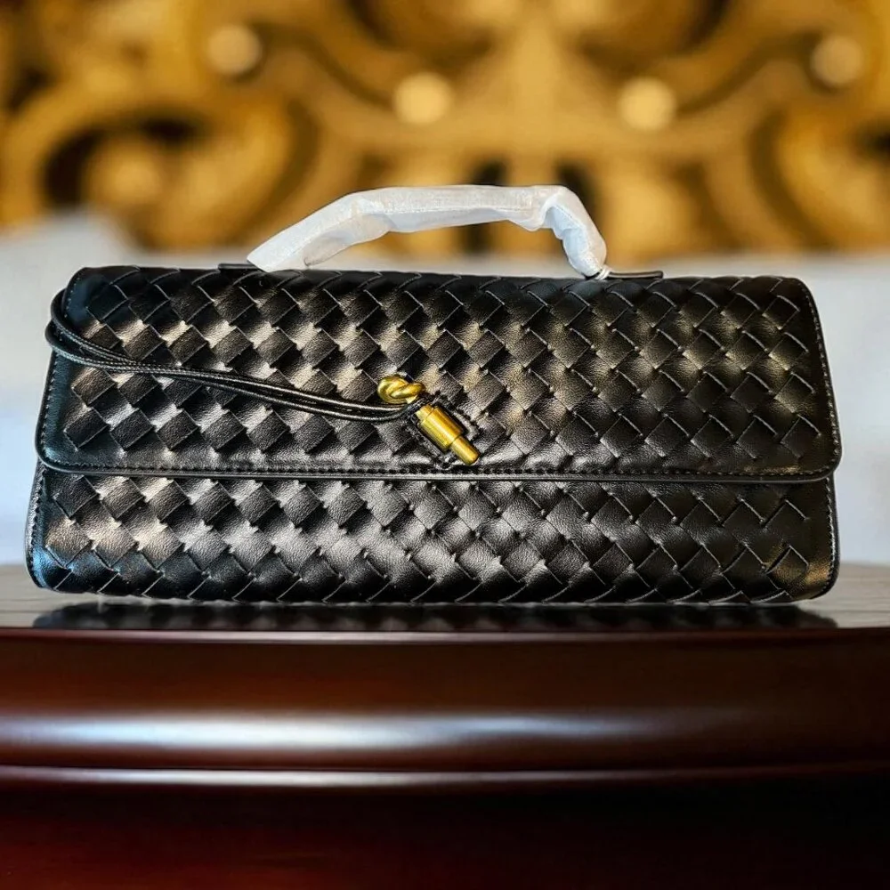 * Black Woven Faux Leather Clutch Handbag With Shoulder Strap - Picture 1 of 4